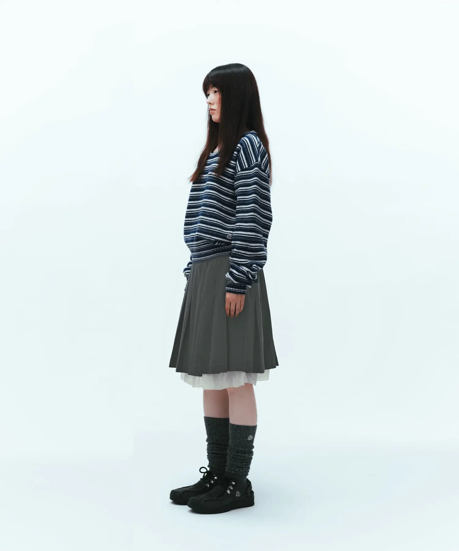 MUSINSA | COYSEIO DOUBLE WAISTED PLEATS SKIRT GREY