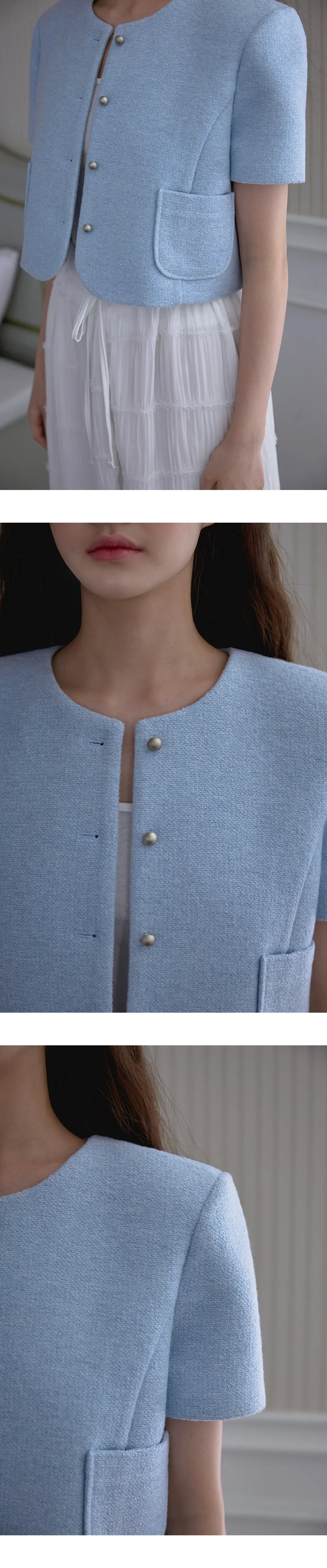 MUSINSA | ROSÉ FRANTZ Half Sleeve Tweed Jacket [Sky Blue]