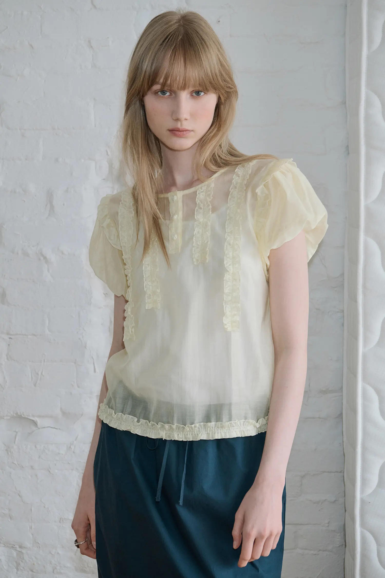 sovisoon】big frill crepe blouse /yellow romantic frill blouse 